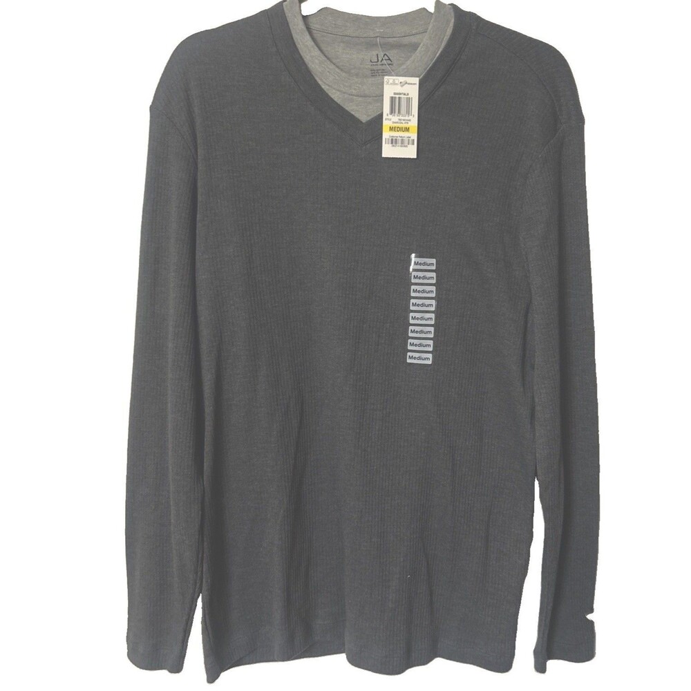 JA John Ashford Mens M Gray Thermal V Neck Cotton Long Sleeves Pullover Shirt